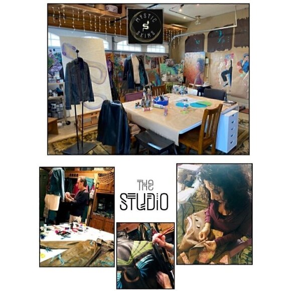 Vintage brown lambskin jacket; Hand painted, blue abstract unique hearts fringe - Picture 15 of 16